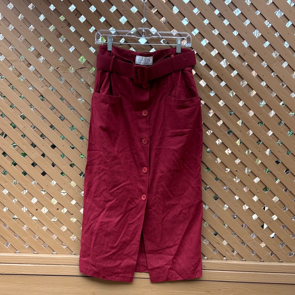 Vintage Button-Front Belted Midi Skirt in Burgundy